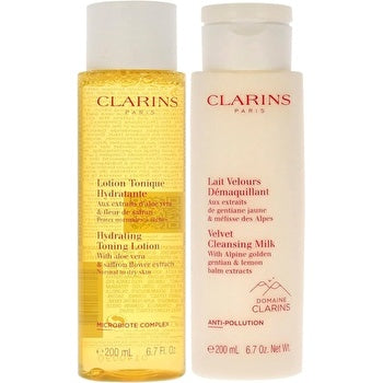 Clarins 2 Step Cleansing Kit for Women 2 Pc 6.7oz Velvet Cleansing Milk, 6.7oz Hydrating Toning Lotion