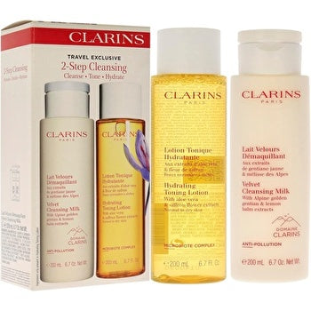 Clarins 2 Step Cleansing Kit for Women 2 Pc 6.7oz Velvet Cleansing Milk, 6.7oz Hydrating Toning Lotion