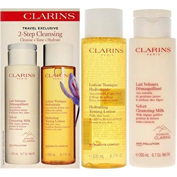 Clarins 2 Step Cleansing Kit for Women 2 Pc 6.7oz Velvet Cleansing Milk, 6.7oz Hydrating Toning Lotion