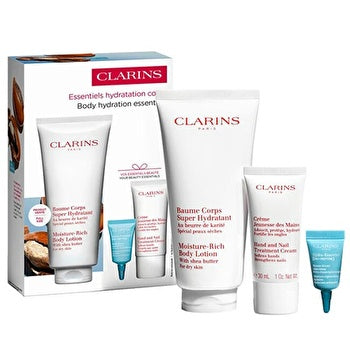 Clarins Perfect Hydration Body Set: Super Hydrating Body Balm 200ml+Youthful Hand Cream 30ml+Hydra Essentiel Reparing Lip Balm 3ml 3pcs
